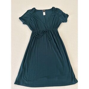 MNG Mango Teal Cotton Dress Women's Small Elastic Waist V-Neck Knee Length